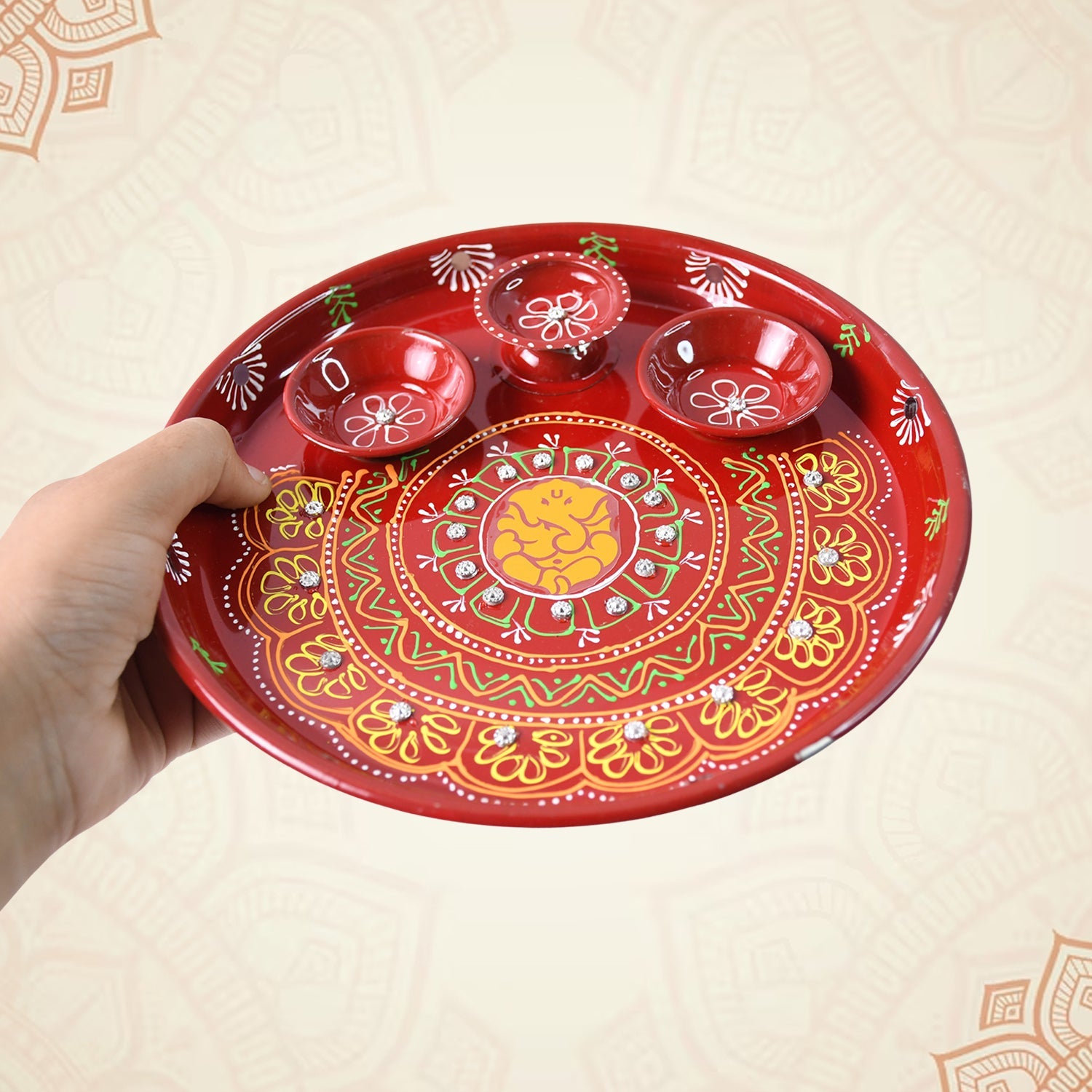 Hand-Painted Decorative Pooja Thali with Ganesha Motif and Diyas Hand-Painted Decorative Pooja Thali with Ganesha Motif and Diyas
